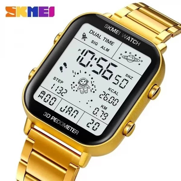 Skmei - 1888 - Digital Dial Step Count Pedometer Stainless Steel Watch - Gold image 1