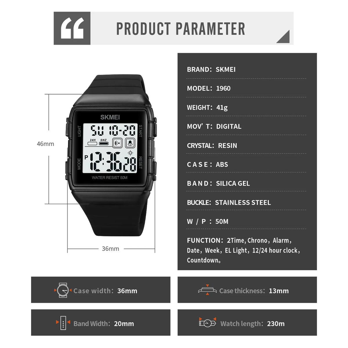 SKMEI 1960 Digital Sports Watch - Black/White