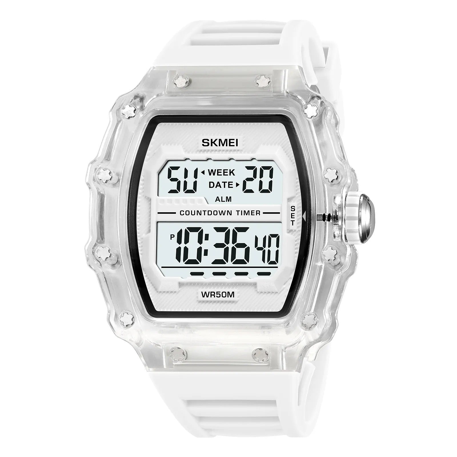 SKMEI 2296 Digital Sports Countdown Timer Watch - White/Transparent-White image 0