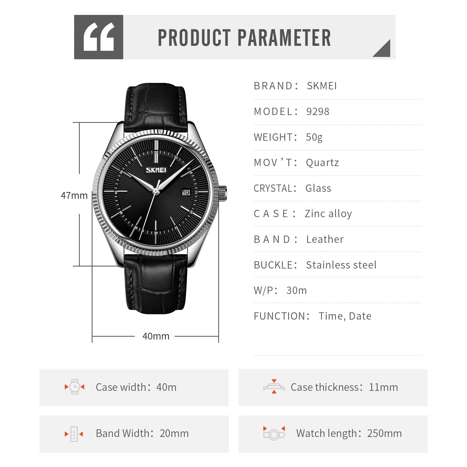 Skmei - 9298 - Leather Strap Analog Quartz Watch - Silver/Black-Black image 4
