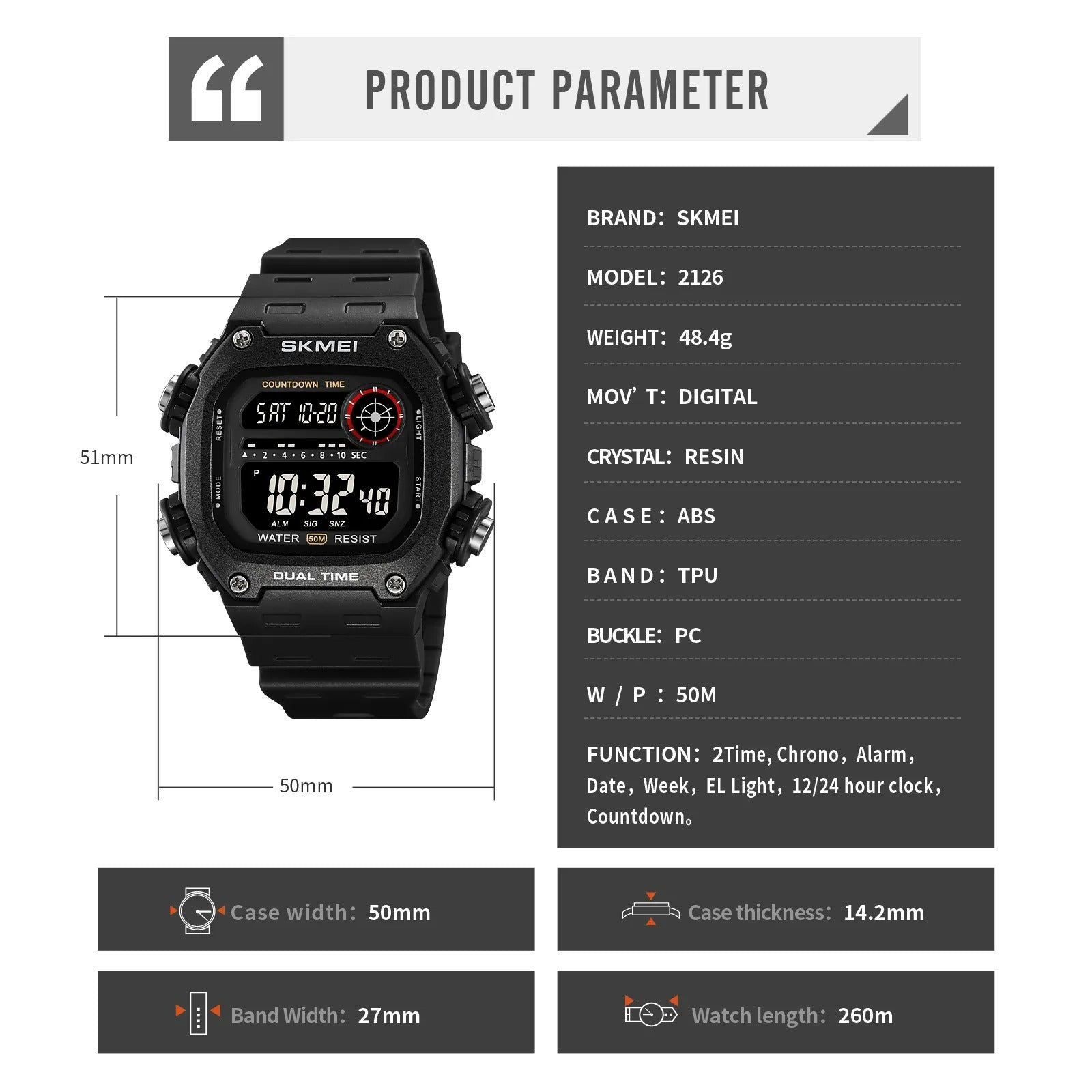Skmei - 2126 - Luminous 50m Waterproof Mutifunctional - Black/Black image 9