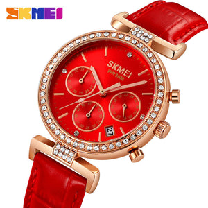 SKMEI 2089 Luxury Crystal Chronograph Ladies Watch - Rosegold/Red