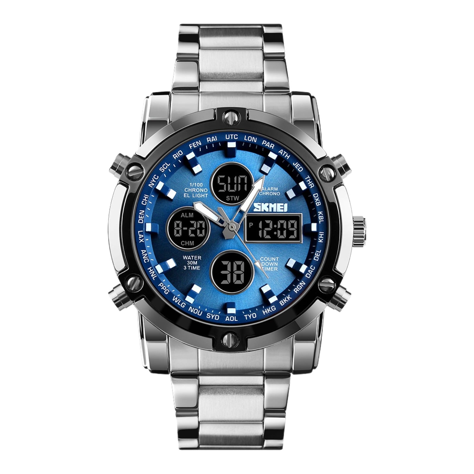 Skmei – 1389 – Dual Display Waterproof Business Watch - Silver/Blue image 4