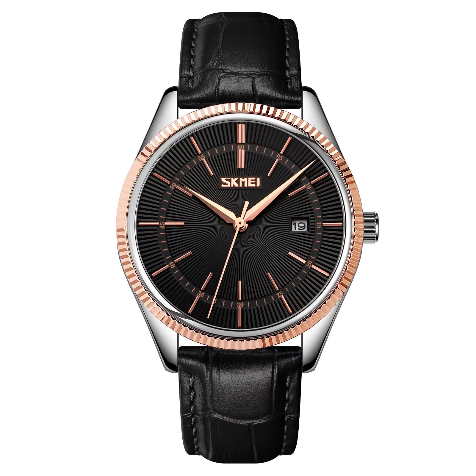 Skmei - 9298 - Leather Strap Casual Analog Quartz Watch - silver/rose gold-black image 3