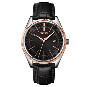 Skmei - 9298 - Leather Strap Casual Analog Quartz Watch - silver/rose gold-black image 3