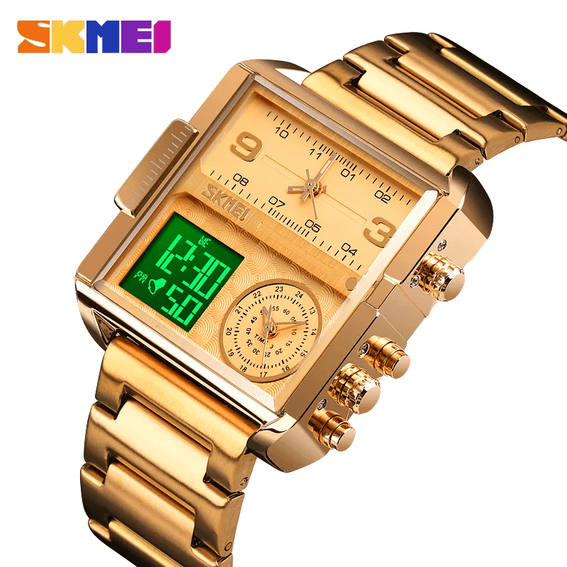 Skmei - 1584(chain) - Sports Quartz Waterproof Tiple time - Gold-Steel image 1