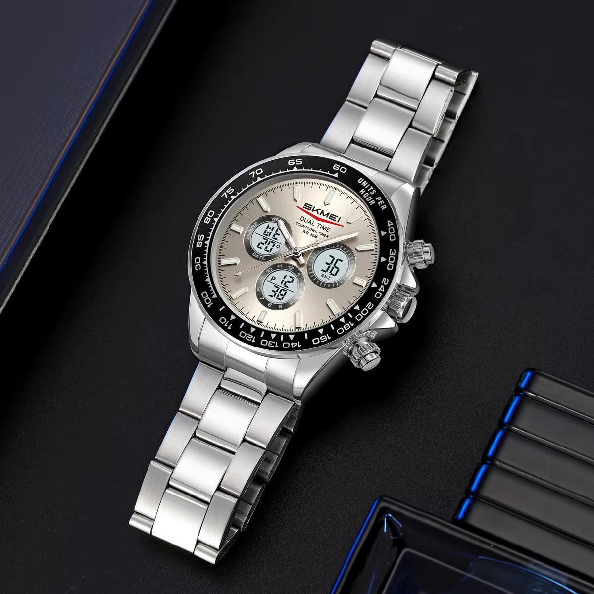 SKMEI - 2505 - Electronic Quartz Dual Display Watch - Silver/Grey-Steel image 2