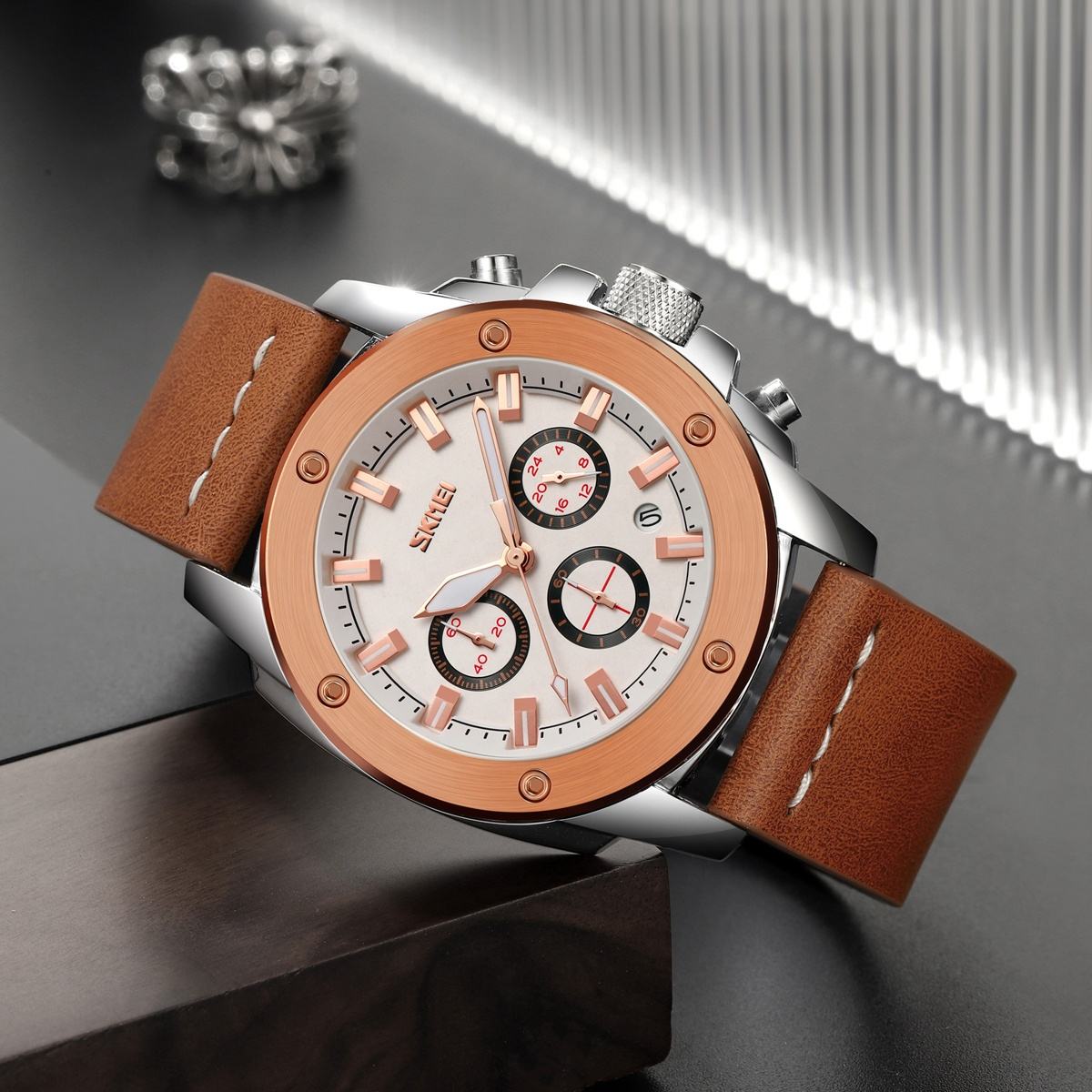 Skmei - 9327 - Functional Chronograph Features Watch - rose gold-silver image 2