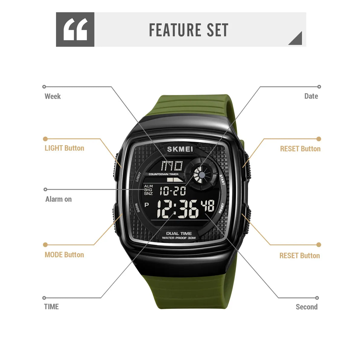 SKMEI 2208 Bold Square Digital Sports Watch - ArmyGreen