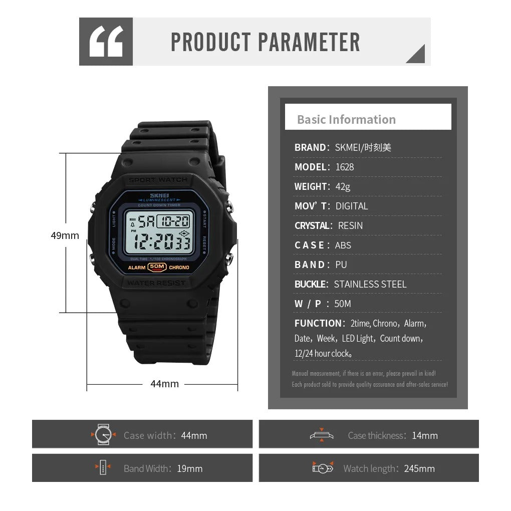 SKMEI - 1628 - Classic Digital Sports Watch - Black/White image 4