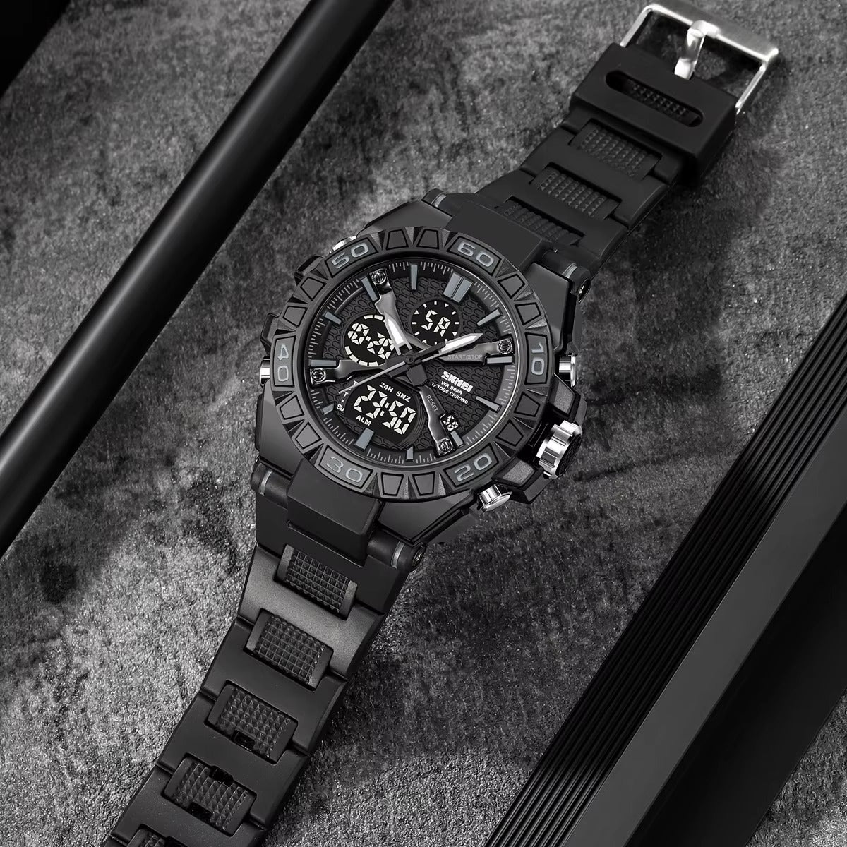 SKMEI 2220 Heavy Duty Multi-Time Sports Watch - Black