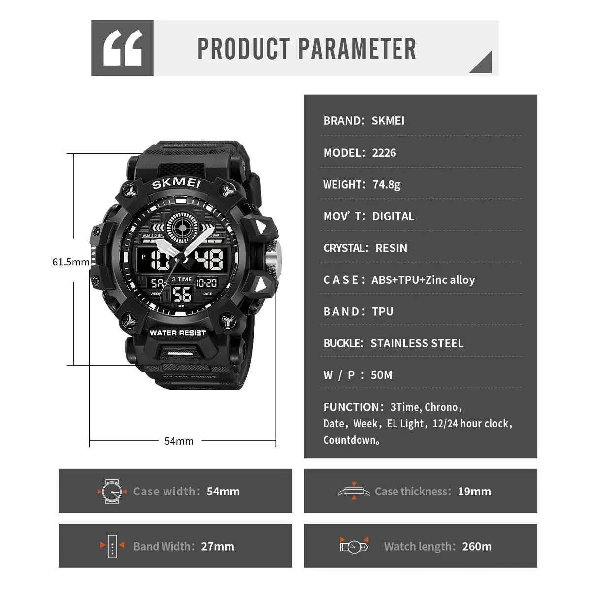 SKMEI 2226 Rugged 3-Time Digital Sports Watch - Black