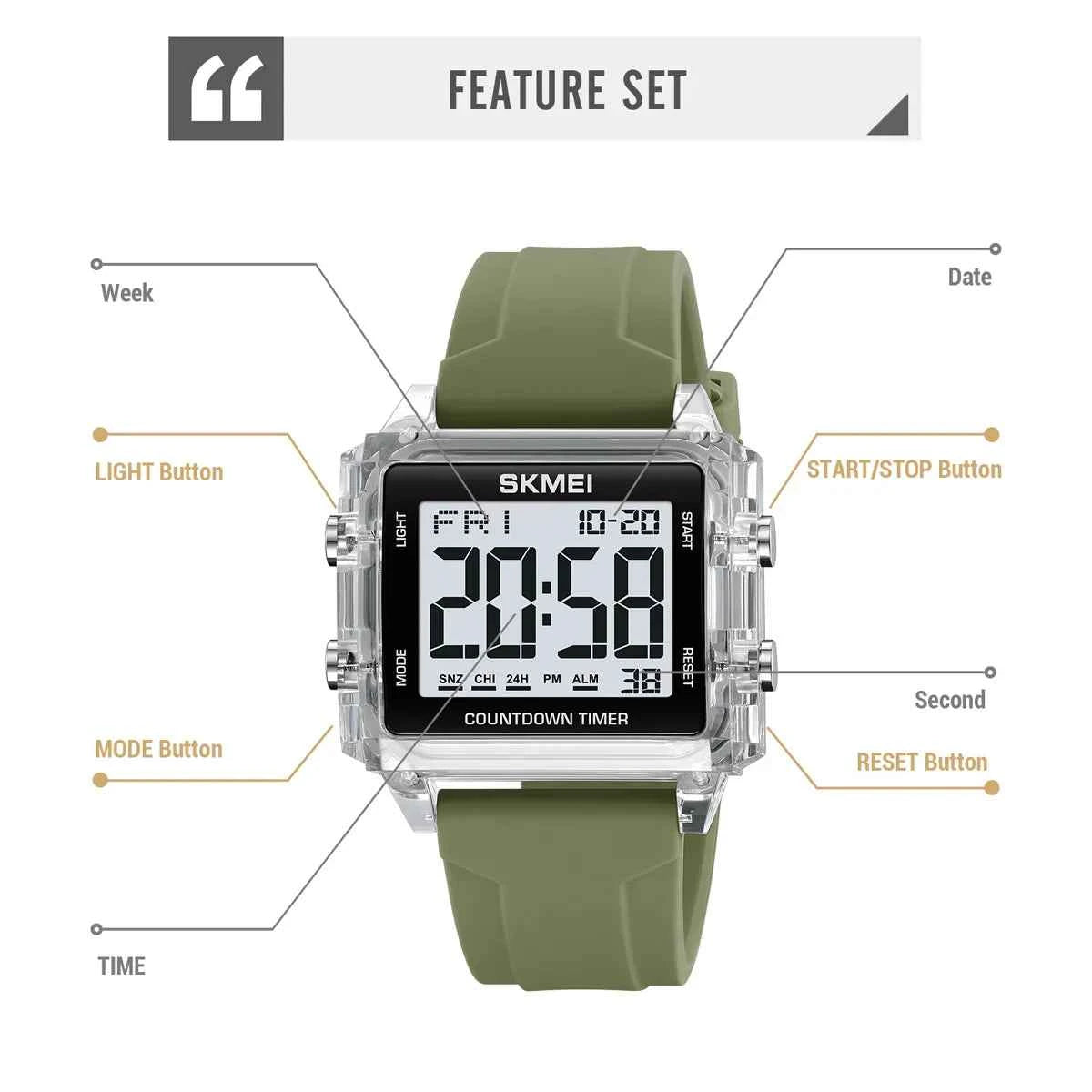 SKMEI 2320 Digital Countdown Sports Watch - White/Transparent/LightGreen
