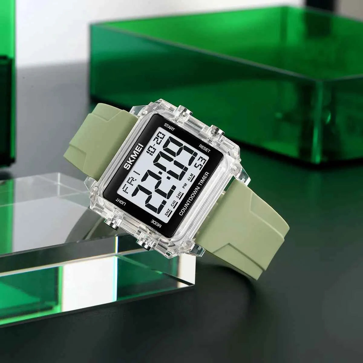 SKMEI 2320 Digital Countdown Sports Watch - White/Transparent/LightGreen