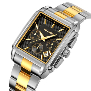 SKMEI 2339 – Premium Rectangle Chronograph Watch - Silver/Gold/Black/Steel