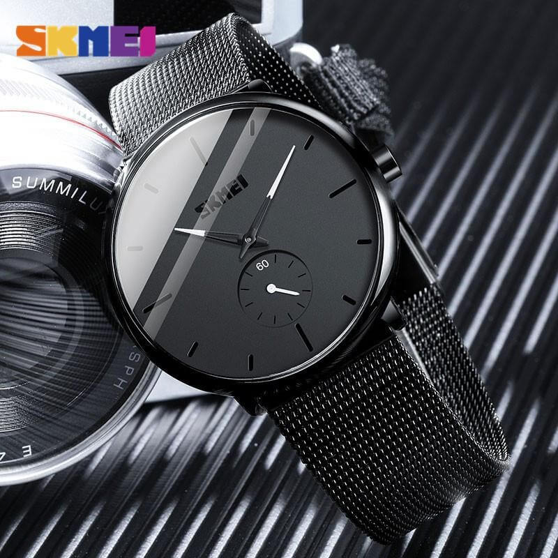 SKMEI - 9185 - Ultra Minimal Black Mesh Wristwatch - White image 1