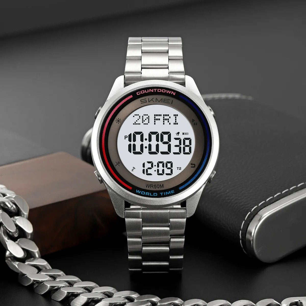 SKMEI 2412 Digital Countdown World Time Sports Watch - silver/steel