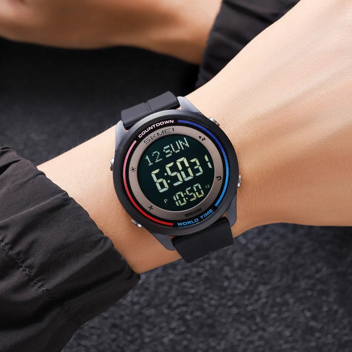 SKMEI 2412 Digital Countdown World Time Sports Watch - black/silcon