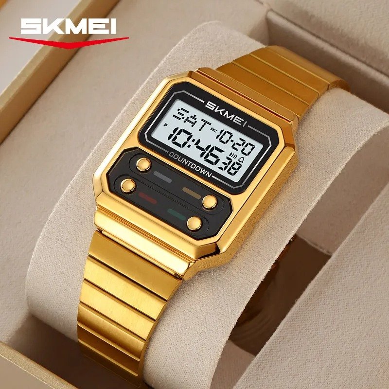 SKMEI 2448 Vintage Square Digital Stainless Steel Watch - Gold/white