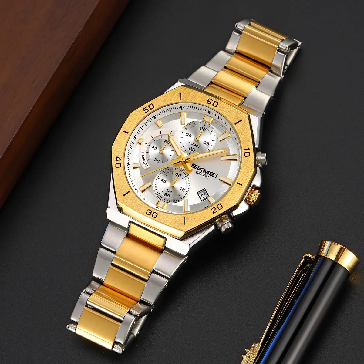 SKMEI 2452 Premium Chronograph Steel Watch - Silver/Gold-Silver