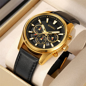 SKMEI - 1989 - Chronograph High Quality Leather Watch - Gold/Black image 7