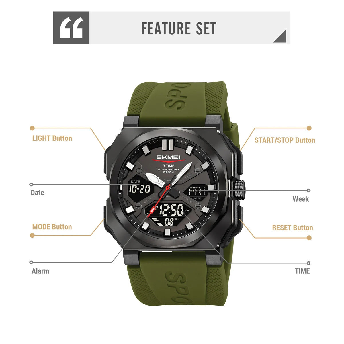 Skmei – 2418 – Bold Sports Edition Watch – Army Green image 2