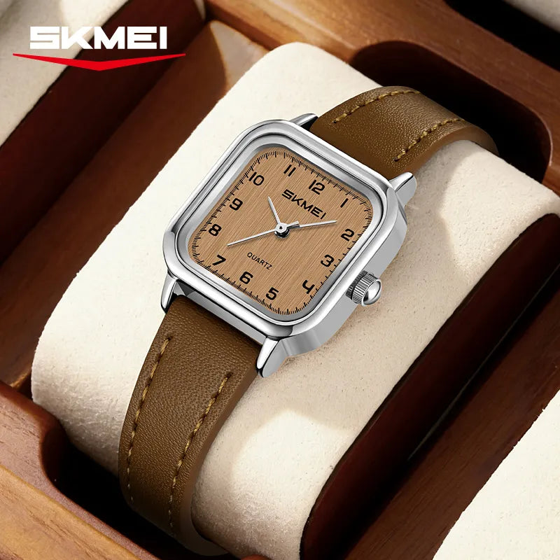 SKMEI 2579 Square Leather Belt Watch - Silver/Brown