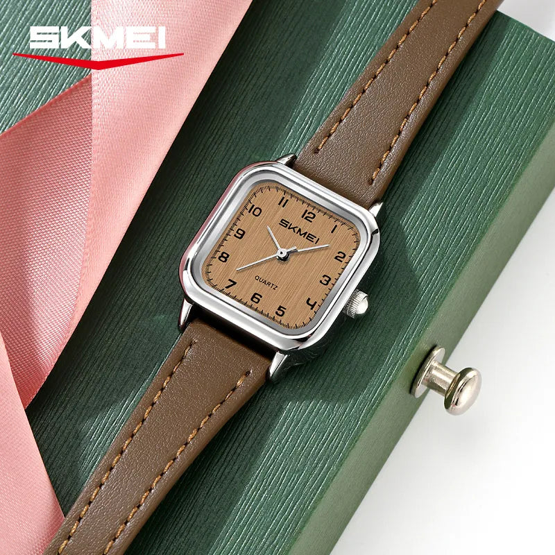 SKMEI 2579 Square Leather Belt Watch - Silver/Brown