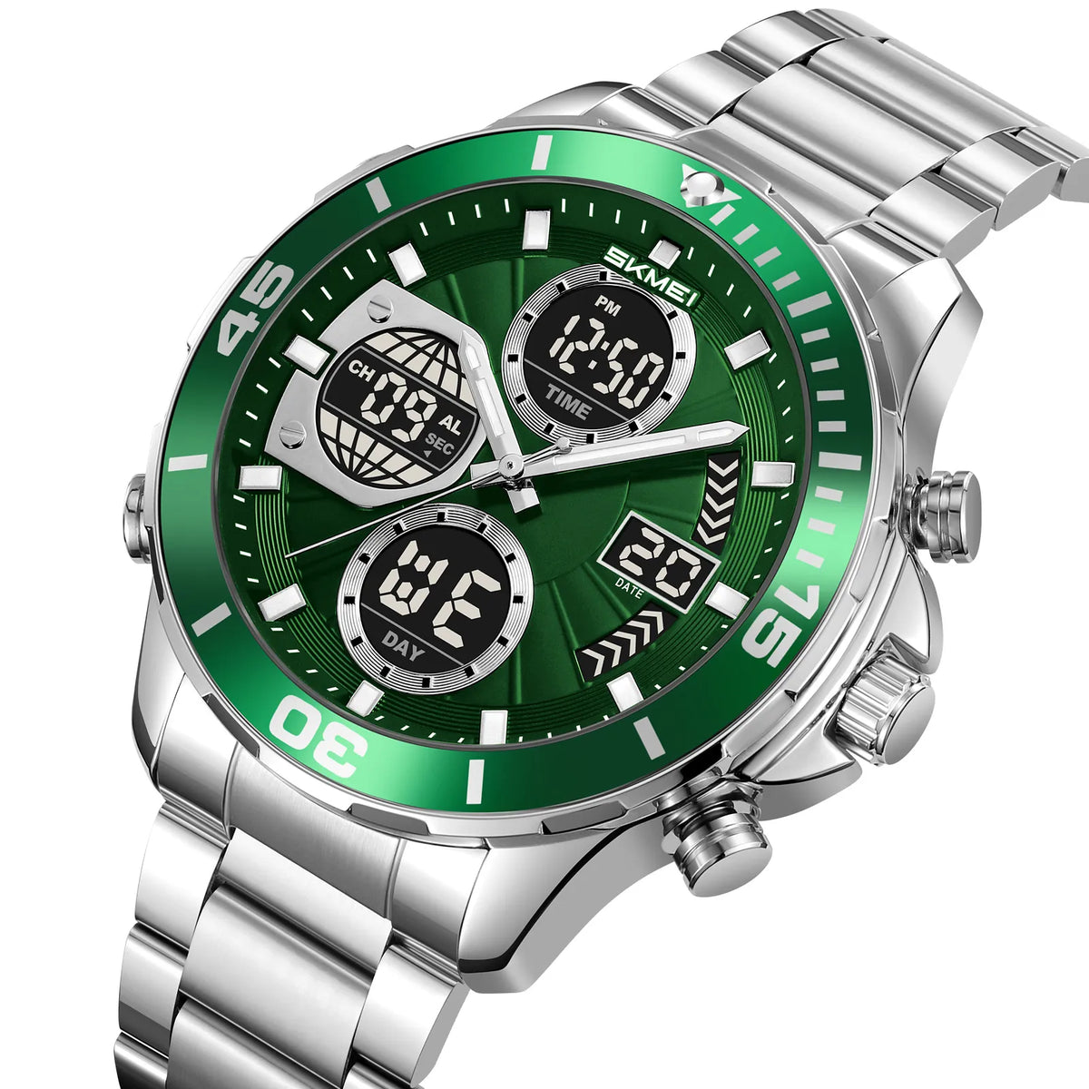 SKMEI 2621 Digital Analog Stainless Steel Watch - Silver/Green