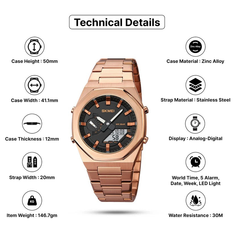 Skmei - 1816 - Dual Display luminous waterproofs 50+ timezone - RoseGold/White image 7