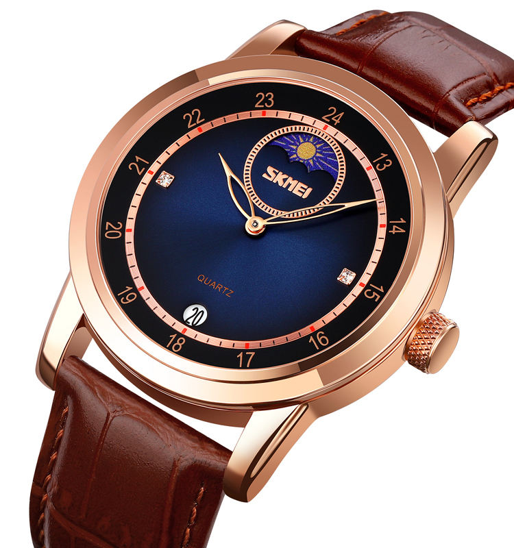 Skmei – 9300 – Elegant Moon Phase Edition Watch – Rose Gold / Blue image 0