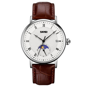 SKMEI 9308 Moon Phase Roman Leather Watch - silver/brown image 0