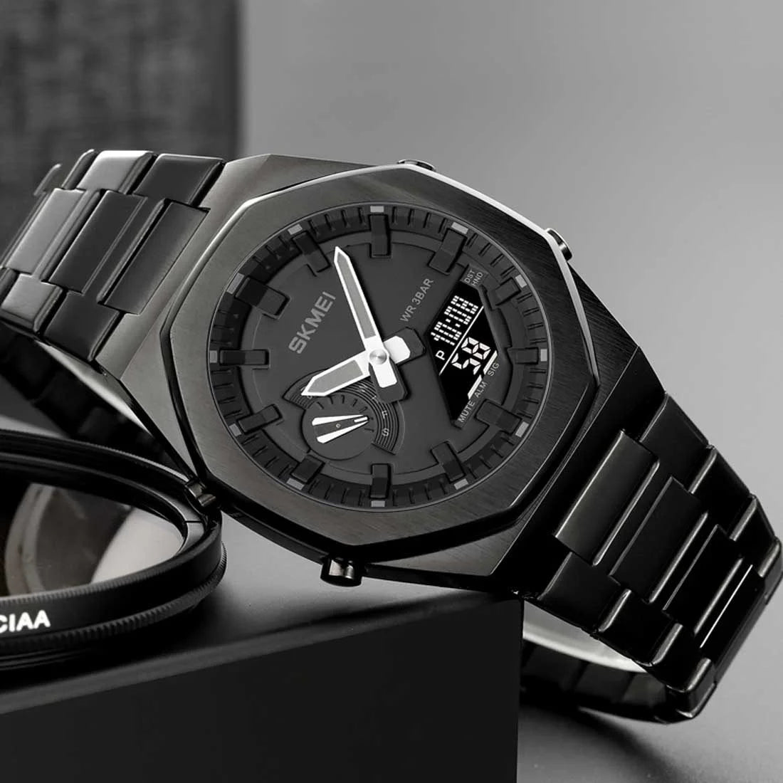 Skmei - 1816 - Dual Display luminous waterproofs 50+ timezone - Black/Black-White image 3