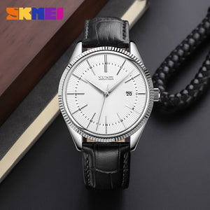 Skmei - 9298 - Leather Strap Casual Analog Quartz Watch - Silver/Silver-Black image 1