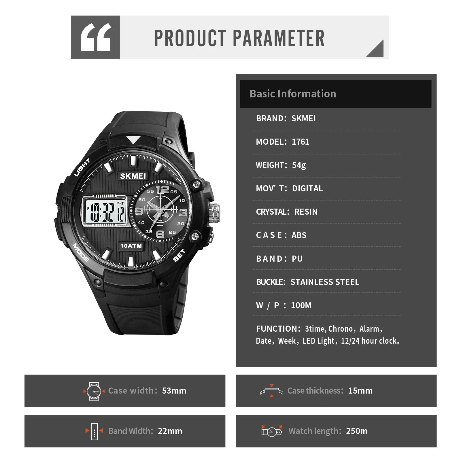 SKMEI - 1761 - Analog Digital Sports LED Stopwatch - black/white image 6