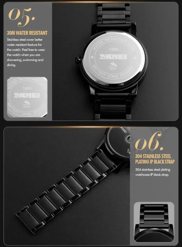 Skmei - 1260 - Waterproof Business Watch For Men - Black/Black-Steel image 5