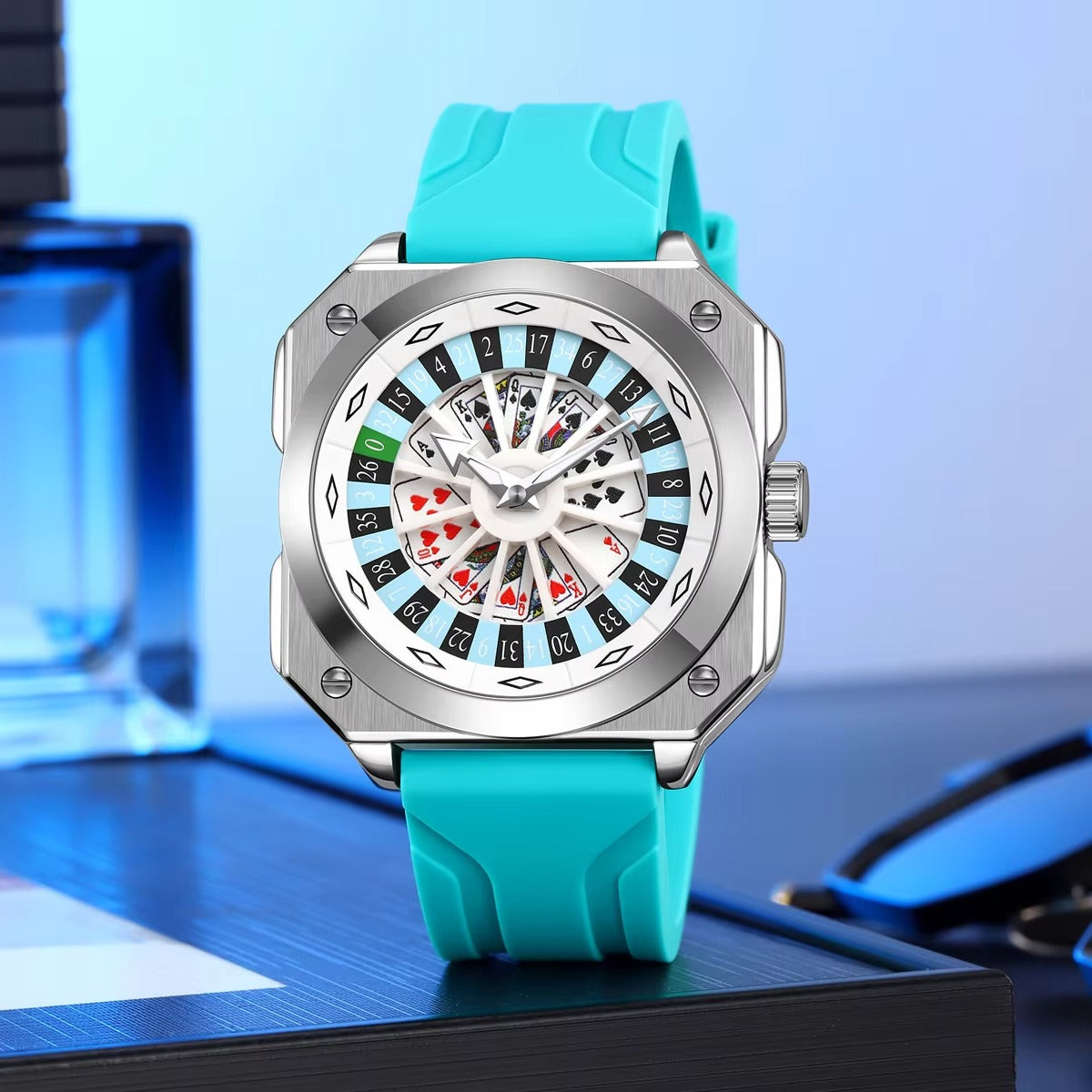 SKMEI - 9379 - Rotating Poker Dial Silicone Wrist Watch - silver/blue image 0