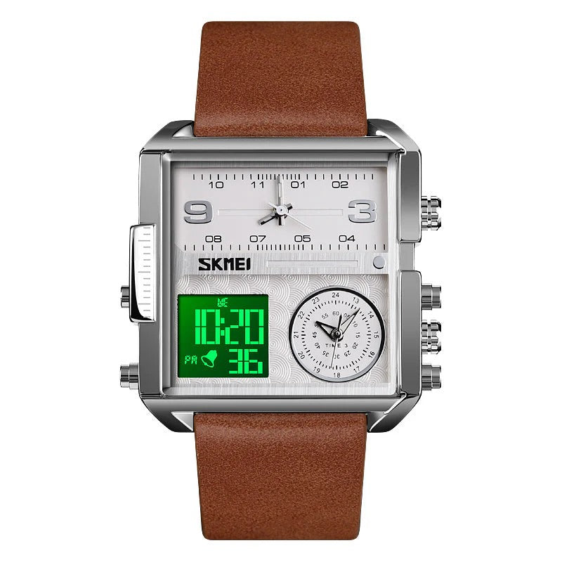 Skmei - 1584 - Sports Quartz Waterproof Tiple time - Silver/Brown-Leather image 2