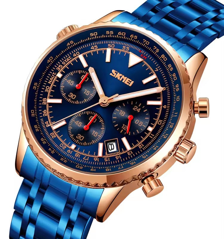 SKMEI 9333 Analog Chronograph Stainless Steel Watch - RoseGold/Blue image 2