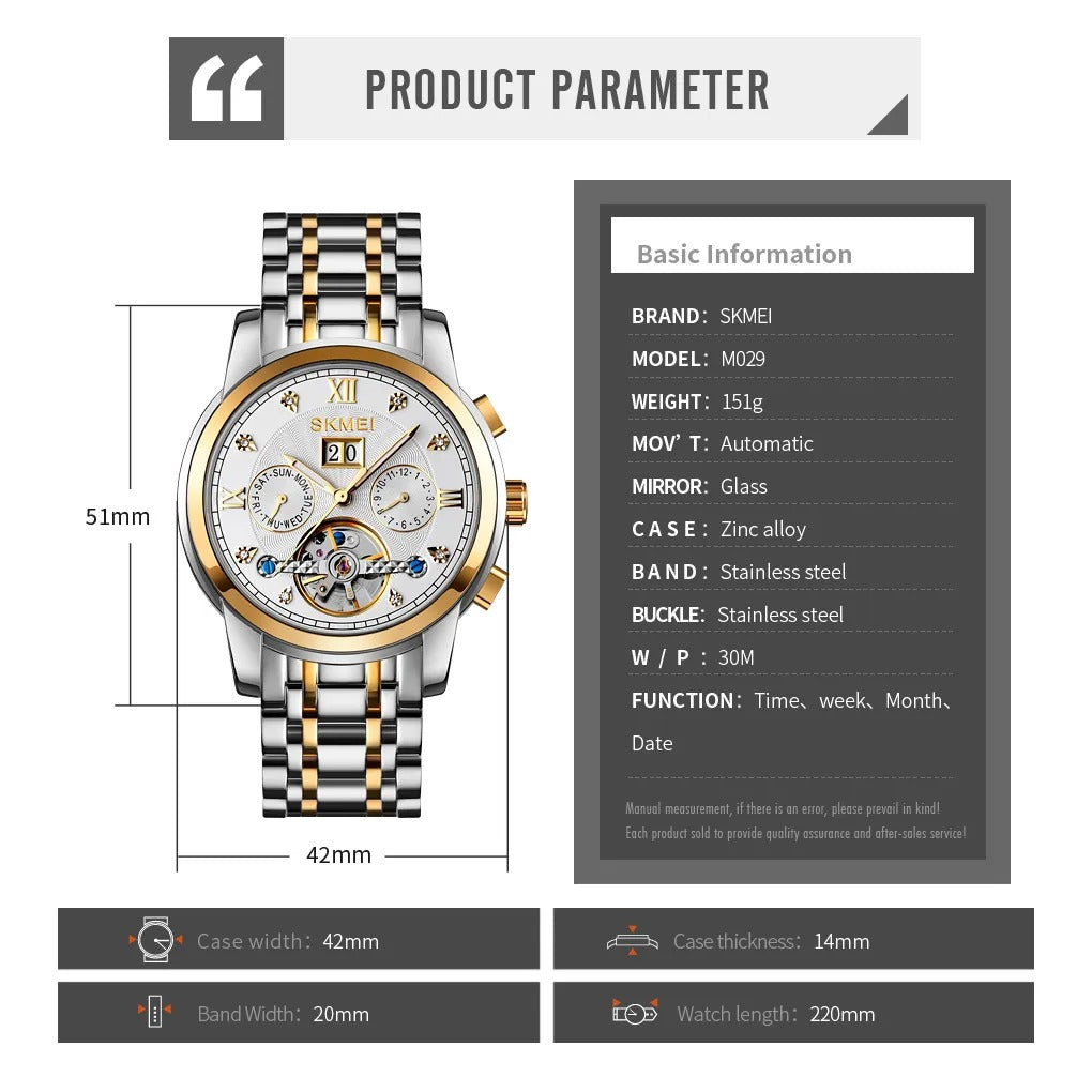 SKMEI - M029 - Automatic Movement Skeleton Watch - gold/silver silver image 6