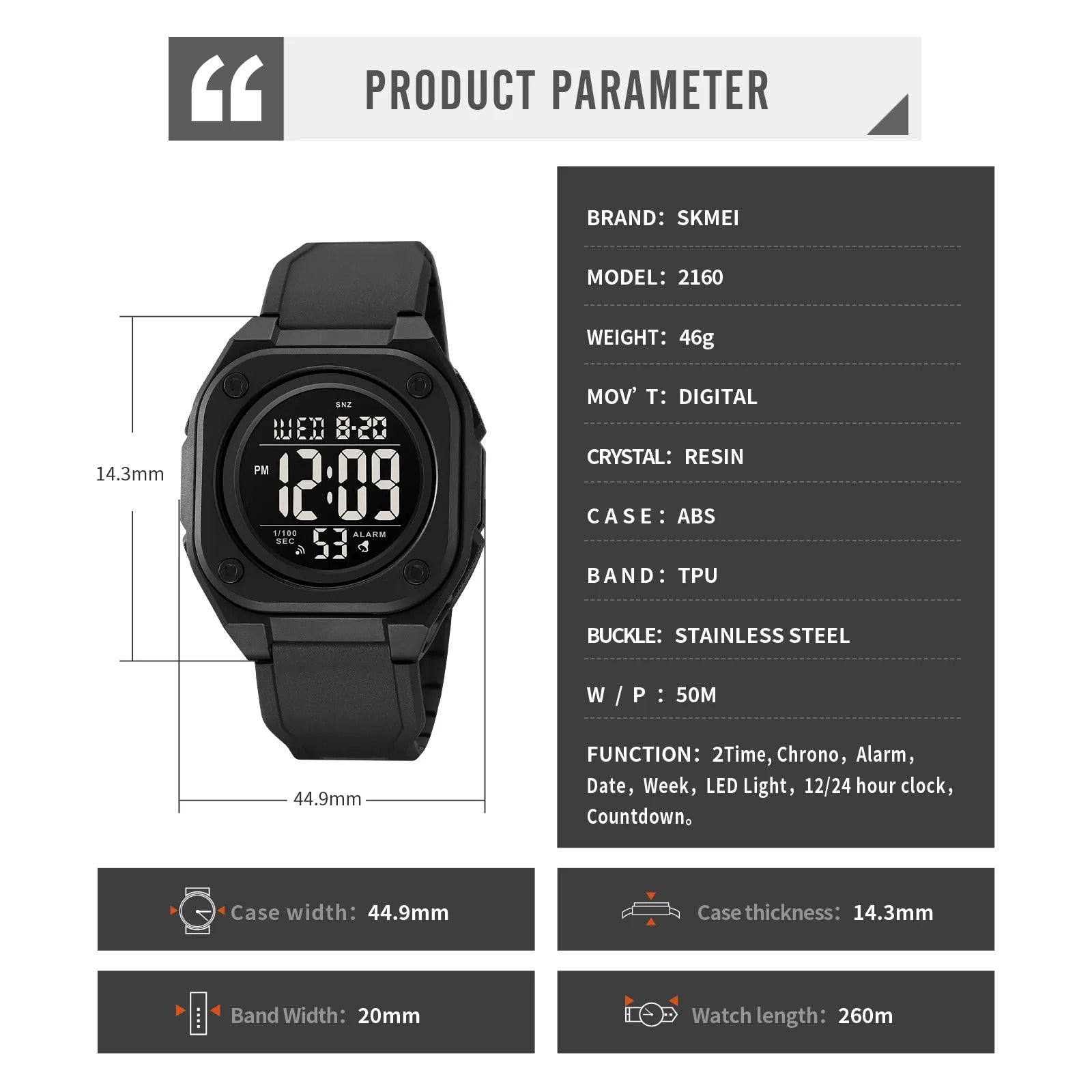 Skmei - 2160 - Smart Digital Functions Watch - black-black image 8