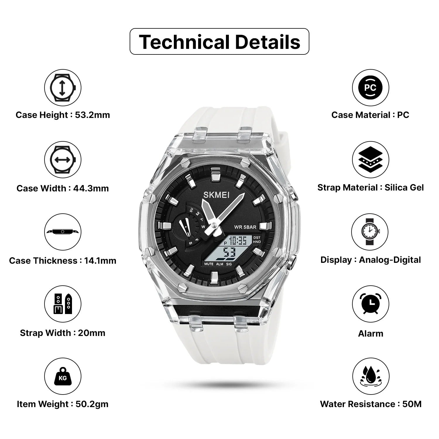 Skmei - 2100 - World Time 50m Waterproof - White/Black image 7
