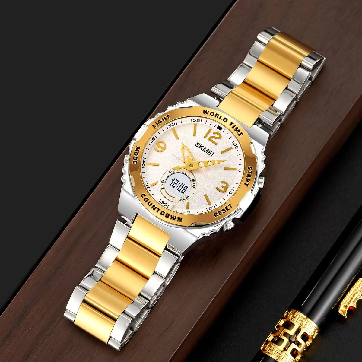 Skmei – 2310 – Digital World Time Analog Watch – Silver/Gold image 2