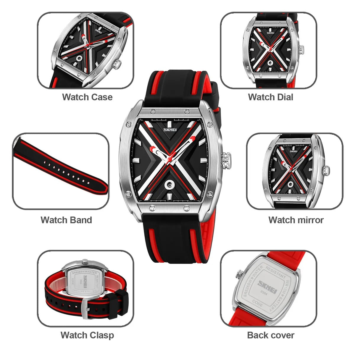 Skmei - 9364 - Sporty Barrel Shape Quartz Watch - Red image 5
