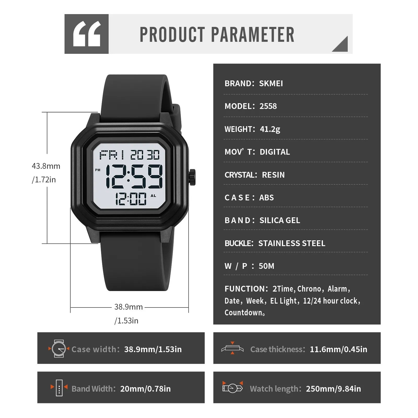 Skmei - 2558 - Minimal Time Digital Watch - Black/White image 3