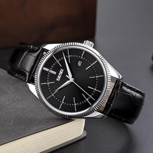 Skmei - 9298 - Leather Strap Analog Quartz Watch - Silver/Black-Black image 2