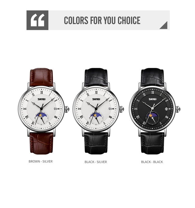 SKMEI 9308 Moon Phase Roman Leather Watch - silver/brown image 3