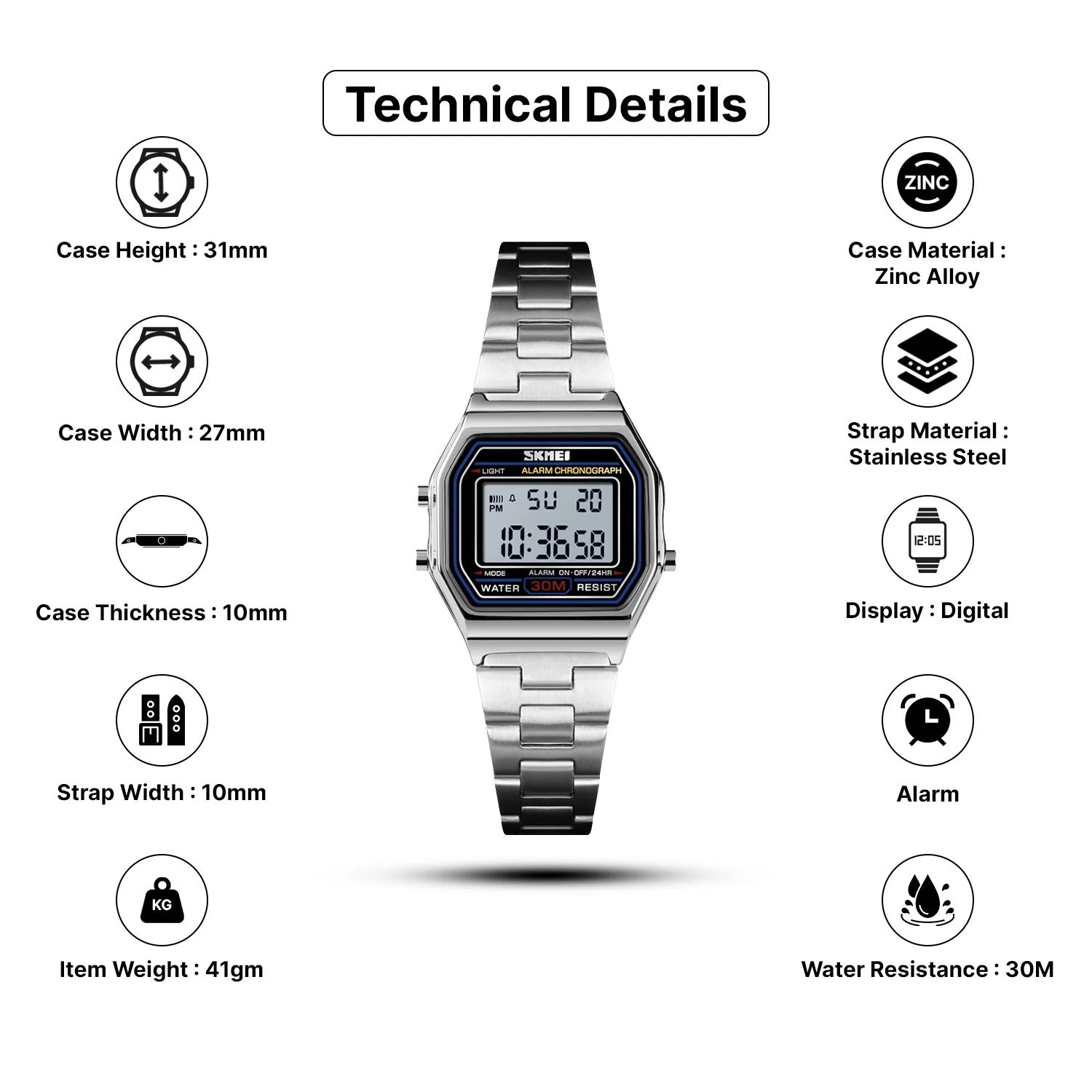 Skmei 1415 - Women Digital Stainless Steel Water Resistant - silver image 3