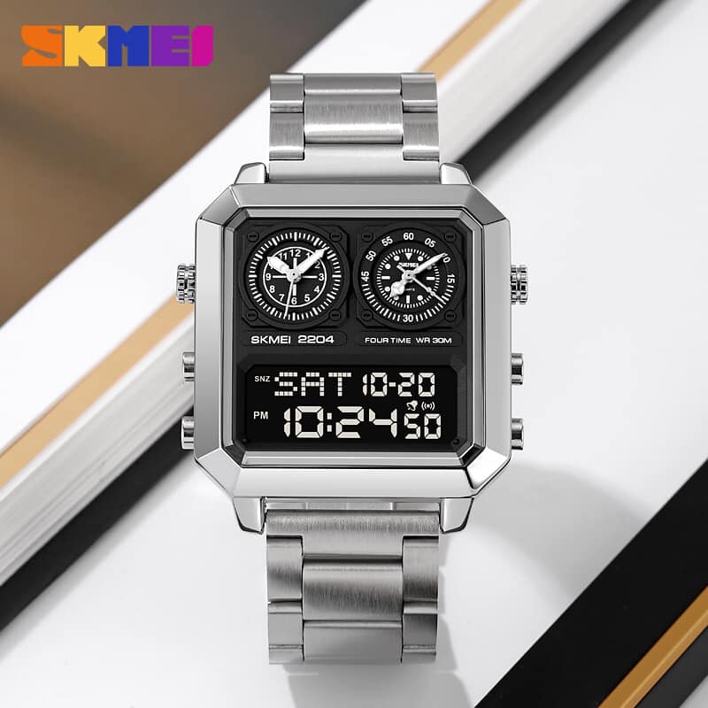 Skmei - 2204 - Digital Luminous 4 Time Square - Silver/Black image 1