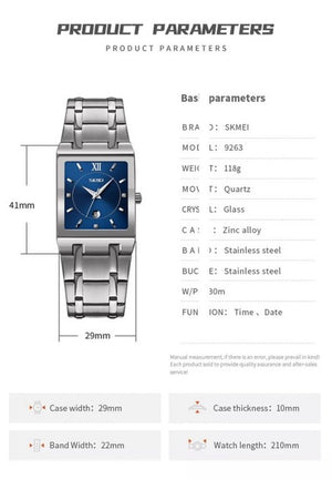 SKMEI 9263 Square Analog Quartz Watch - silver/blue image 3